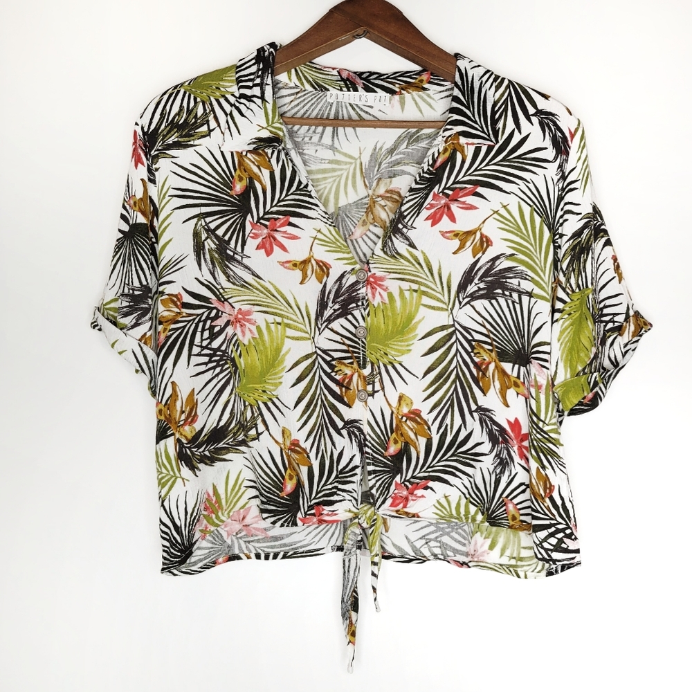 Potter's Pot | Cropped Tie Blouse Button Up Palm Print Medium